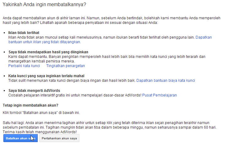 persetujuan pembatalan akun google adword